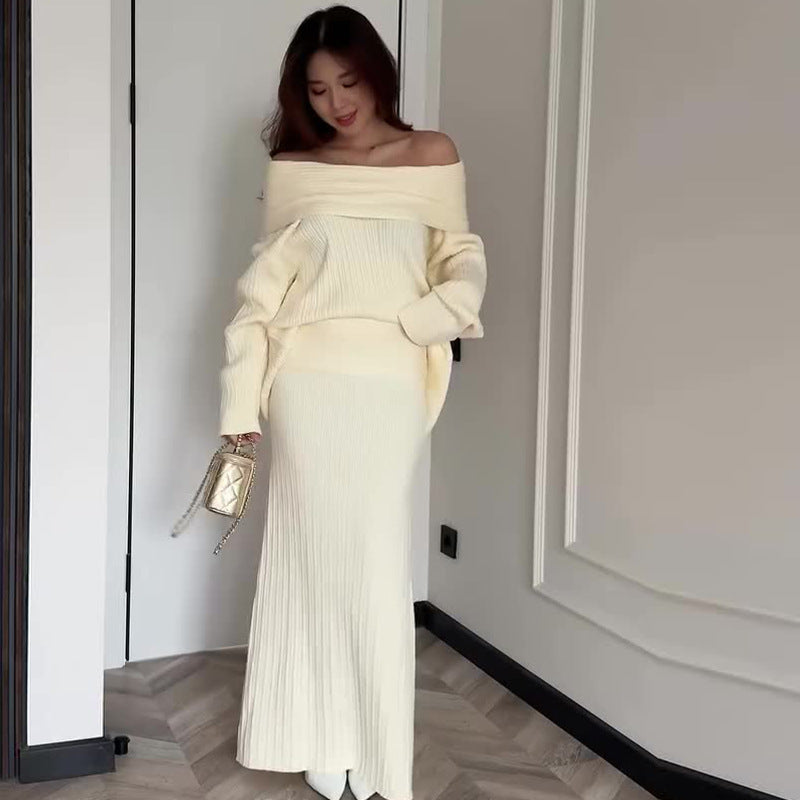 Modisches Zweiteiler-Set – Strick-Off-Shoulder-Oberteil & Rock